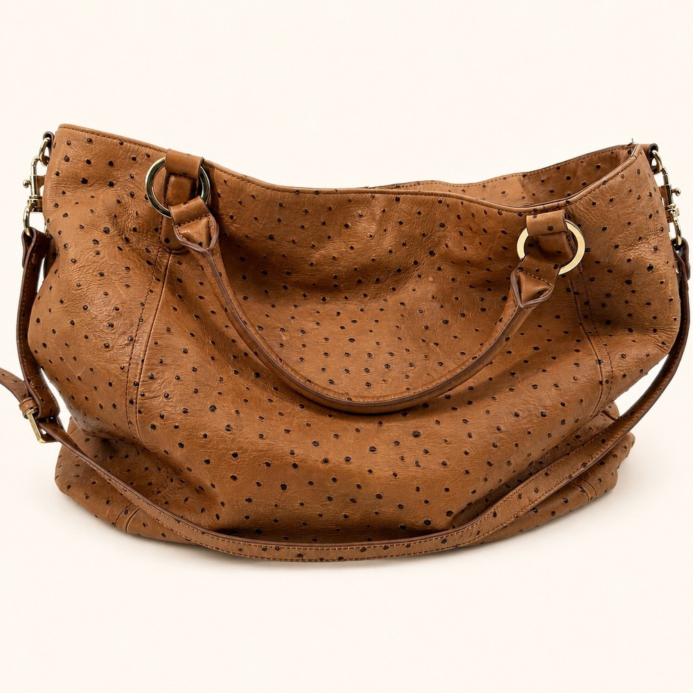 G.I.L.I. Roma 2 Cognac Ostrich Embossed Italian Leather Large Tote Crossbody